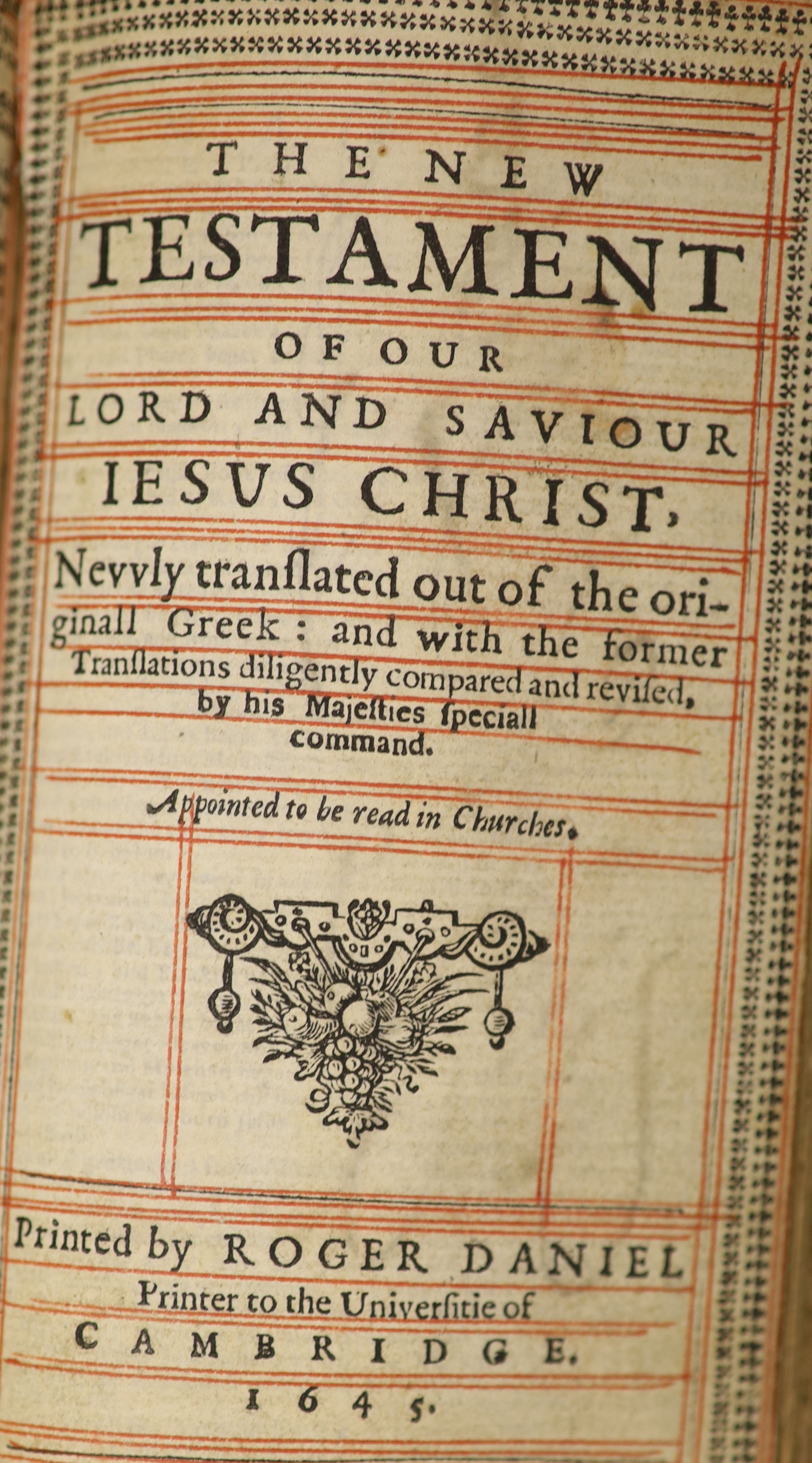 Bible in English - The Holy Bible, 12mo, engraved title, trimmed and strengthened, Charles Bill & Ye Executors of Thomas Newcomb, London, 1704, bound with The New Testament, Roger Daniel, Cambridge, 1645, 19th century bl